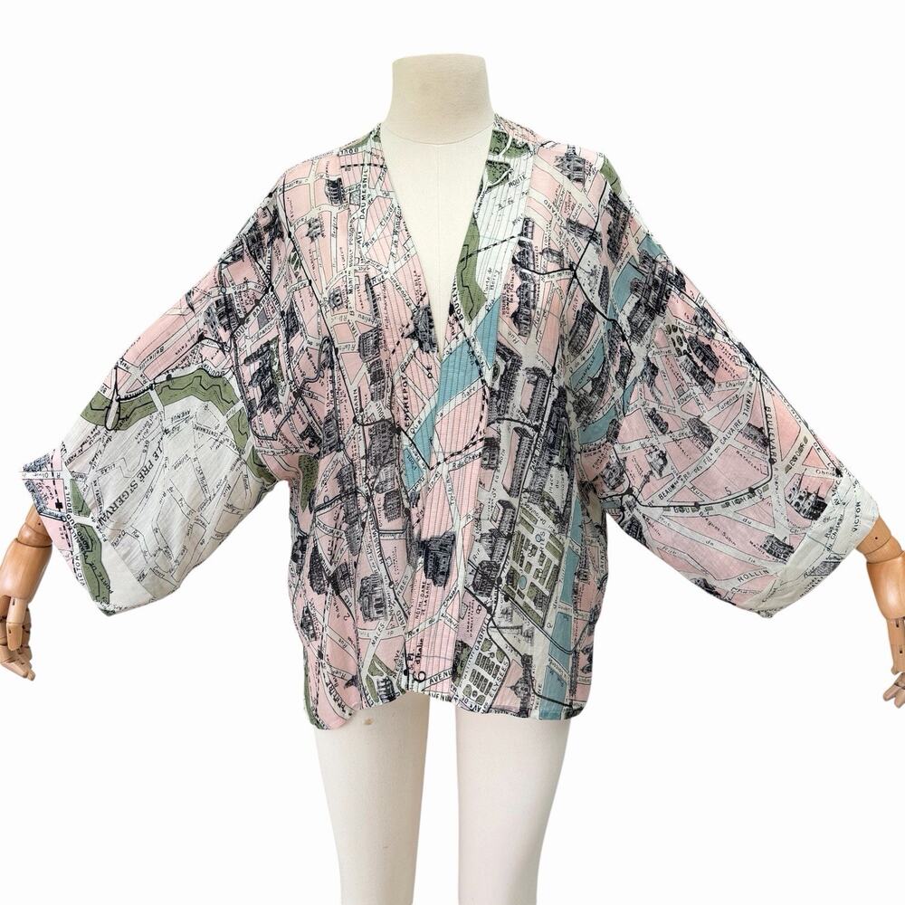 One Hundred Stars Short Kimono Paris Map Print Ultralight Cotton
